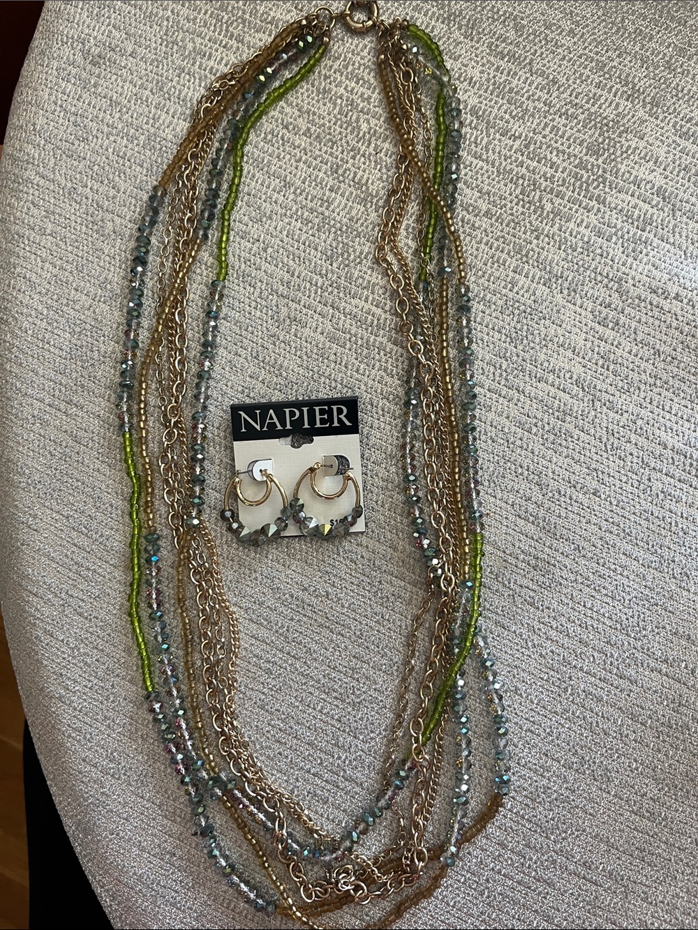 Napier Gold-Tone Multi-Strand Necklace with Green and Blue Beads + Hoop Earrings